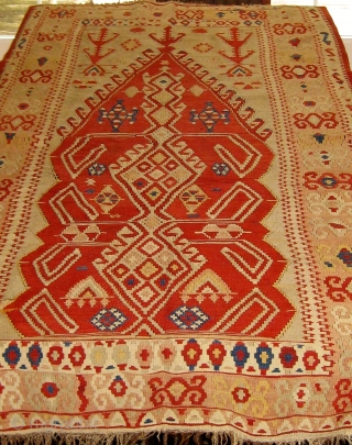 Antique central or western Anatolian prayer or altar kilim, in beautiful condition.  19th Century.  All natural dyes.  Complete ends and sides.  Two well executed repairs lower left.   ...