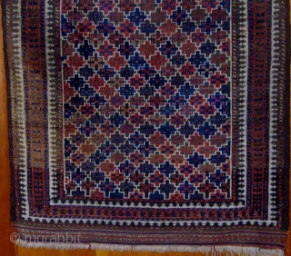 Rare 1890s Turkish-knotted (symmetrically knotted) Beluch (Baluch)rug in beautiful condition.  Original ends and sides.  All natural dyes including wonderful shades of rose and pale blue.  Rare tile design.   ...