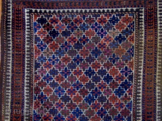 Rare 1890s Turkish-knotted (symmetrically knotted) Beluch (Baluch)rug in beautiful condition.  Original ends and sides.  All natural dyes including wonderful shades of rose and pale blue.  Rare tile design.   ...