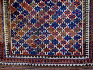 Rare 1890s Turkish-knotted (symmetrically knotted) Beluch (Baluch)rug in beautiful condition.  Original ends and sides.  All natural dyes including wonderful shades of rose and pale blue.  Rare tile design.   ...