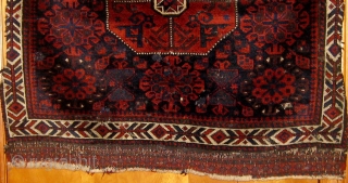 Beautiful classical Baluch khorhin face with fantastic silky wool and soft handle, all natural dyes, last quarter of the nineteenth century, sides compromised, scattered small repairs.  31" by 32".  Please  ...