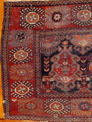 Very unusual "Dahaj" Afshar large bag front or poshti, circa 1900 or before, in nice condition, cotton warps and blue cotton wefts, natural dyes.  Original sides.  29" by 37".   ...