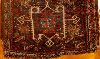 Antique Khamseh half khorjin complete with original flat-weave back, 19th century, all natural dyes.  Lower left corner compromised, original closure systems still present.  23" by 27".  Please ask for  ...