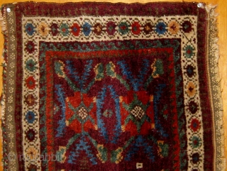 My favorite bagface: antique Baluch, single wefted, symmetrically knotted,  19th century, full pile, great wool, all natural dyes including aubergine ground, pale blue, green, deep apricot, pale peach, ivory, browns, etc.  ...