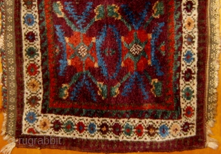 My favorite bagface: antique Baluch, single wefted, symmetrically knotted,  19th century, full pile, great wool, all natural dyes including aubergine ground, pale blue, green, deep apricot, pale peach, ivory, browns, etc.  ...