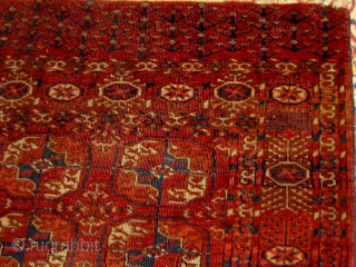 Antique Tekke "dowry rug", circa 1880. Ends and sides original, lower right corner a little compromised otherwise good condition.  Floppy handle, all dyes appear pre-synthetic.  Please ask for additional photos. 