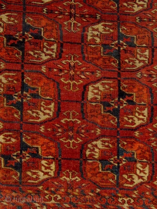 Antique Tekke "dowry rug", circa 1880. Ends and sides original, lower right corner a little compromised otherwise good condition.  Floppy handle, all dyes appear pre-synthetic.  Please ask for additional photos. 