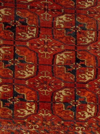 Antique Tekke "dowry rug", circa 1880. Ends and sides original, lower right corner a little compromised otherwise good condition.  Floppy handle, all dyes appear pre-synthetic.  Please ask for additional photos. 