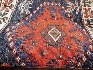 Antique Veramin? mafrash panel, very tight weave, very soft silky wool, slightly depressed warps, all dyes appear natural including the pale yellow.  If this is indeed a Veramin panel, it is  ...