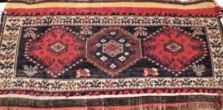 Antique Veramin? mafrash panel, very tight weave, very soft silky wool, slightly depressed warps, all dyes appear natural including the pale yellow.  If this is indeed a Veramin panel, it is  ...