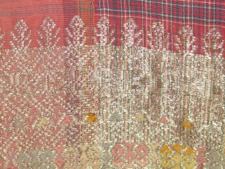 Antique West Sumatra Minangkabau Songket (large hip cloth).  Silk, cotton, and gold thread.  19th century.  In good condition.  75cm by 246cm.        