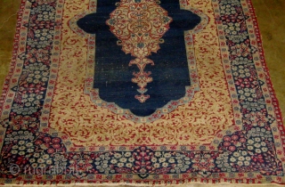 Antique Persian Kerman (circa 1910), open blue field with medallion, finely knotted, 3' 10" by 7' 4".  Some wear, in need of a good bath.   Please ask for additional  ...