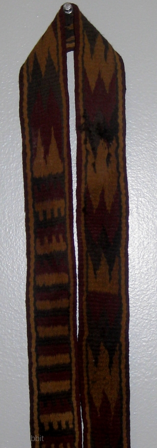 Pre-Columbian Nazca culture camelid fibers band or sash, possibly originally used as mummy wrap.  8' 2" long and over 1 1/2" wide.  One end has been cut, the other is  ...