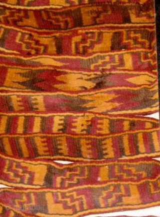 Pre-Columbian Nazca culture camelid fibers band or sash, possibly originally used as mummy wrap.  8' 2" long and over 1 1/2" wide.  One end has been cut, the other is  ...