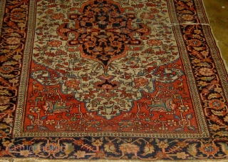 Antique Persian Feraghan, late nineteenth century, condition issues as shown.  Floppy, no dryness, beautiful colors.  50" by 76".  Please ask for additional photos.       