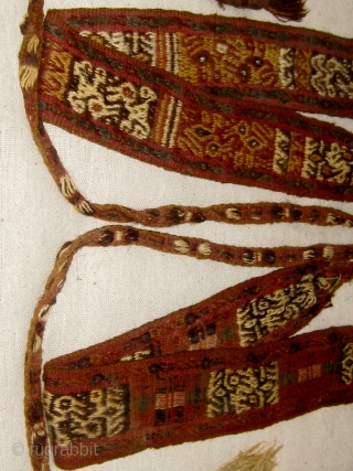 Complete Pre-Columbian sash or band, Andean, camelid fiber, currently presented in a frame, with bird figures throughout.   Please ask for additional photos.         