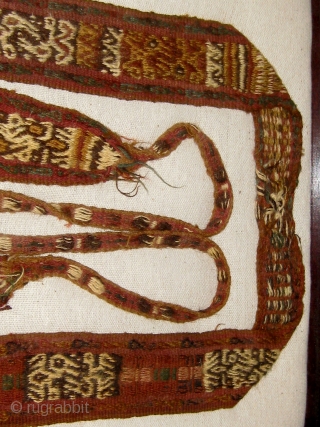 Complete Pre-Columbian sash or band, Andean, camelid fiber, currently presented in a frame, with bird figures throughout.   Please ask for additional photos.         