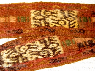 Complete Pre-Columbian sash or band, Andean, camelid fiber, currently presented in a frame, with bird figures throughout.   Please ask for additional photos.         