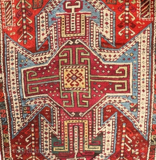 Antique Sewan Kazak Caucasian design long rug, three medallions, with S motif narrow main border. Circa 1890-1910, possibly earlier. Probably woven in Kars area of Eastern Anatolia, where designs can replicate those  ...