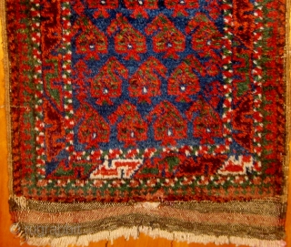 Antique Baluch balisht, mostly full pile, all natural dyes including wonderful medium blue and green, 18" by 35", do ask for additional photos.          