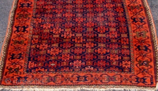 Antique Baluch carpet, 19th century, all dyes natural, edges redone, brown oxidation as expected, very floppy handle, silky wool.  43" by 63".  Please ask for additional photos.    