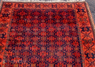 Antique Baluch carpet, 19th century, all dyes natural, edges redone, brown oxidation as expected, very floppy handle, silky wool.  43" by 63".  Please ask for additional photos.    