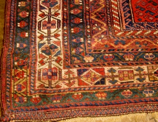 Antique Kurdish Sauj Bulagh "main carpet", last quarter of the nineteenth century, 5' by 8'5", in lovely condition, with one end still retaining its original flatweave finish.  Red wefts as is  ...