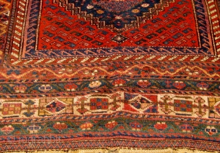 Antique Kurdish Sauj Bulagh "main carpet", last quarter of the nineteenth century, 5' by 8'5", in lovely condition, with one end still retaining its original flatweave finish.  Red wefts as is  ...