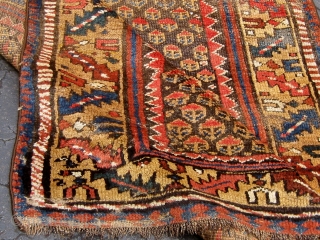 Antique Persian Kurdish rug (Western mountains), first quarter of the twentieth century, all natural dyes, roughly 4' by 7'.  Meaty, beautiful wool, interesting abrash, very tribal feel,  selvedges recast, some  ...