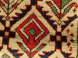 Antique Shirvan Marasali pile carpet, 19th century, unusual square format (53" BY 46"), all natural dyes, some areas of wear which could be easily re-piled.  Please ask for additional photos.  