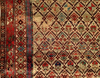 Antique Shirvan Marasali pile carpet, 19th century, unusual square format (53" BY 46"), all natural dyes, some areas of wear which could be easily re-piled.  Please ask for additional photos.  