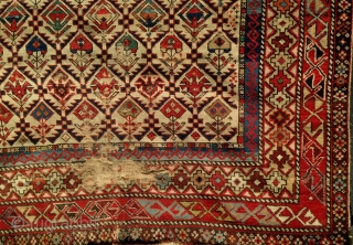 Antique Shirvan Marasali pile carpet, 19th century, unusual square format (53" BY 46"), all natural dyes, some areas of wear which could be easily re-piled.  Please ask for additional photos.  