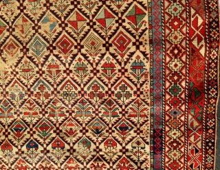 Antique Shirvan Marasali pile carpet, 19th century, unusual square format (53" BY 46"), all natural dyes, some areas of wear which could be easily re-piled.  Please ask for additional photos.  
