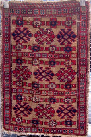 Antique Western Anatolian Kurdish yastik, golden ground, with three  shades of blue, highly saturated red, etc.  All dyes appear natural.  Circa 1890-1910.  Original sides.  All wool construction.  ...