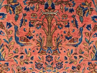 Birds and deer in a formal garden.  Antique Manchester Kashan Persian rug, circa 1920s, in beautiful condition except for a small bite on the left edge (easily fixed). 4'2" by 6'5".  ...