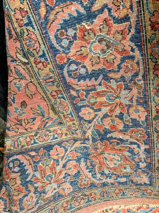 Birds and deer in a formal garden.  Antique Manchester Kashan Persian rug, circa 1920s, in beautiful condition except for a small bite on the left edge (easily fixed). 4'2" by 6'5".  ...