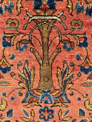 Birds and deer in a formal garden.  Antique Manchester Kashan Persian rug, circa 1920s, in beautiful condition except for a small bite on the left edge (easily fixed). 4'2" by 6'5".  ...