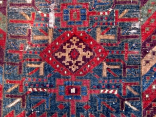 Kurdish/Anatolian fragment, early 19th Century or before, 38" by 46", with an extraordinary array of saturated colors.  Reddish wool wefts, white cotton warps.  Photos taken outside in mostly sunny conditions.  ...