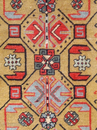 Antique South Caucasian small rug (Kuba?), extremely fine weave, velvety feel, all natural dyes, cotton foundation (warps and wefts), beautiful olive green field, in lovely condition, and basically complete with three cord  ...