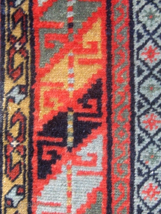 Antique South Caucasian small rug (Kuba?), extremely fine weave, velvety feel, all natural dyes, cotton foundation (warps and wefts), beautiful olive green field, in lovely condition, and basically complete with three cord  ...