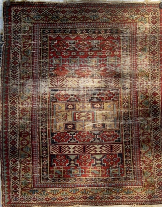 19th Century Shirvan Marasali carpet with animals, distressed but complete, cotton wefts and selvages, 46" by 55".  Please ask for additional photos if needed.        