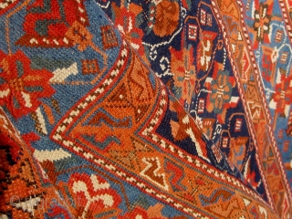 Antique Afshar with rare floral design circa 1880, all dyes natural, original flat weave ends and original sides, in lovely condition, 4'2" by 5'9".  Please ask for additional photos.   