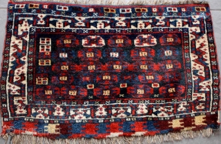 Antique Luri saddle bag front--bag face--circa 1900, full fleecy pile, beautiful natural colors, unusual field design.  33" by 22". Please ask for additional photos.        