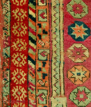 19th century Central Anatolian large yastik, lovely natural colors including madder, cochineal, apricot, various shades of blue, ivory, brown, etc.  In fragmented condition, but with original edges still present.  27"  ...