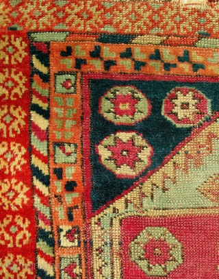 19th century Central Anatolian large yastik, lovely natural colors including madder, cochineal, apricot, various shades of blue, ivory, brown, etc.  In fragmented condition, but with original edges still present.  27"  ...