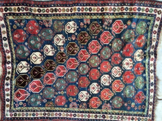 Antique South Persian rug 38"x46"...This rug has the most incredible colors and wool. It has fine silky goat hair warp and wool wefts. The colors of the weft alternate throughout the rug:  ...
