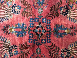 Fine quality antique Sarouk with uniformly thick velvety wool, decorative sparse design, and tight fine weave. Estate find. Needs wash. Size is around 3.4x 4.9 ft.       