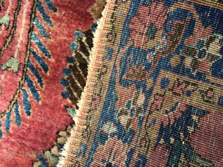 Fine quality antique Sarouk with uniformly thick velvety wool, decorative sparse design, and tight fine weave. Estate find. Needs wash. Size is around 3.4x 4.9 ft.       