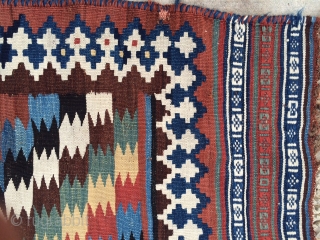 Antique Qashqai Gelim from late 19th or early 20th century (size: 5'x8.4') with nice clear pleasing colors, good weave, and nice design. The ends are intact. As the photos suggest, some of  ...