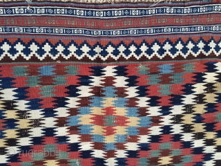 Antique Qashqai Gelim from late 19th or early 20th century (size: 5'x8.4') with nice clear pleasing colors, good weave, and nice design. The ends are intact. As the photos suggest, some of  ...